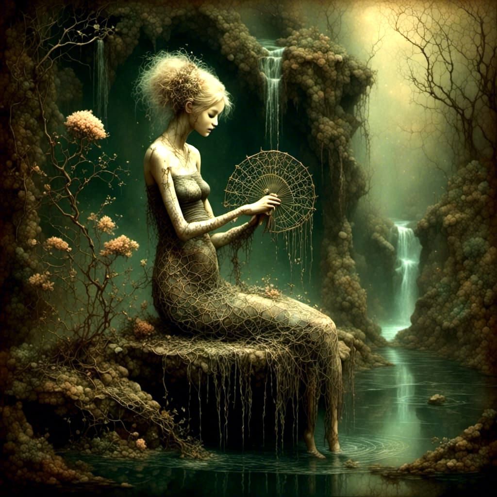 Ethereal Pregnant Apsara with Bonsai and Fan