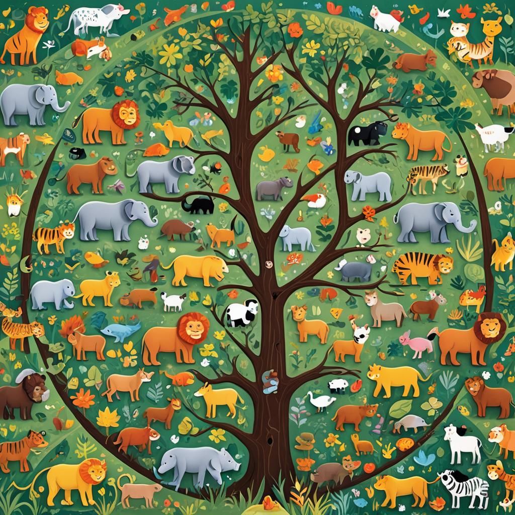 Animal Puzzle Tree in Digital Art Style