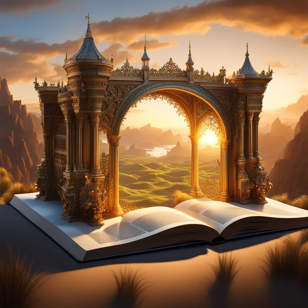 Fantasy Story Escapes Book in Golden Hour 3D Render