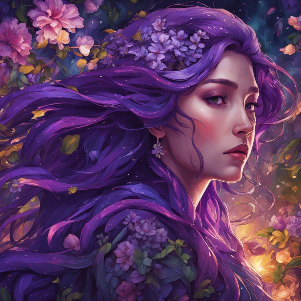 Woman With Purple Hair In Dark Garden, Moody Digital Art