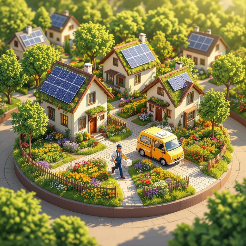 Sustainable Village Isometric Illustration in Summer Bloom