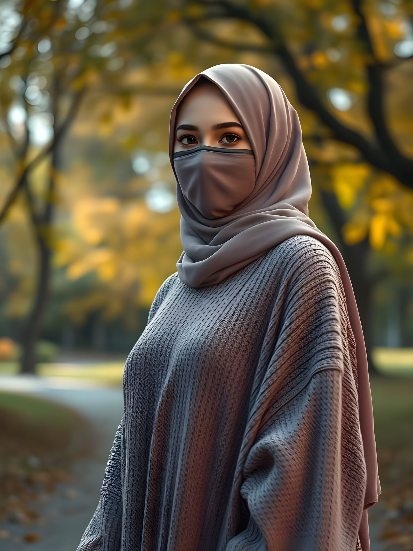 Elegant Woman in Hijab in Autumn Park, Digital Art
