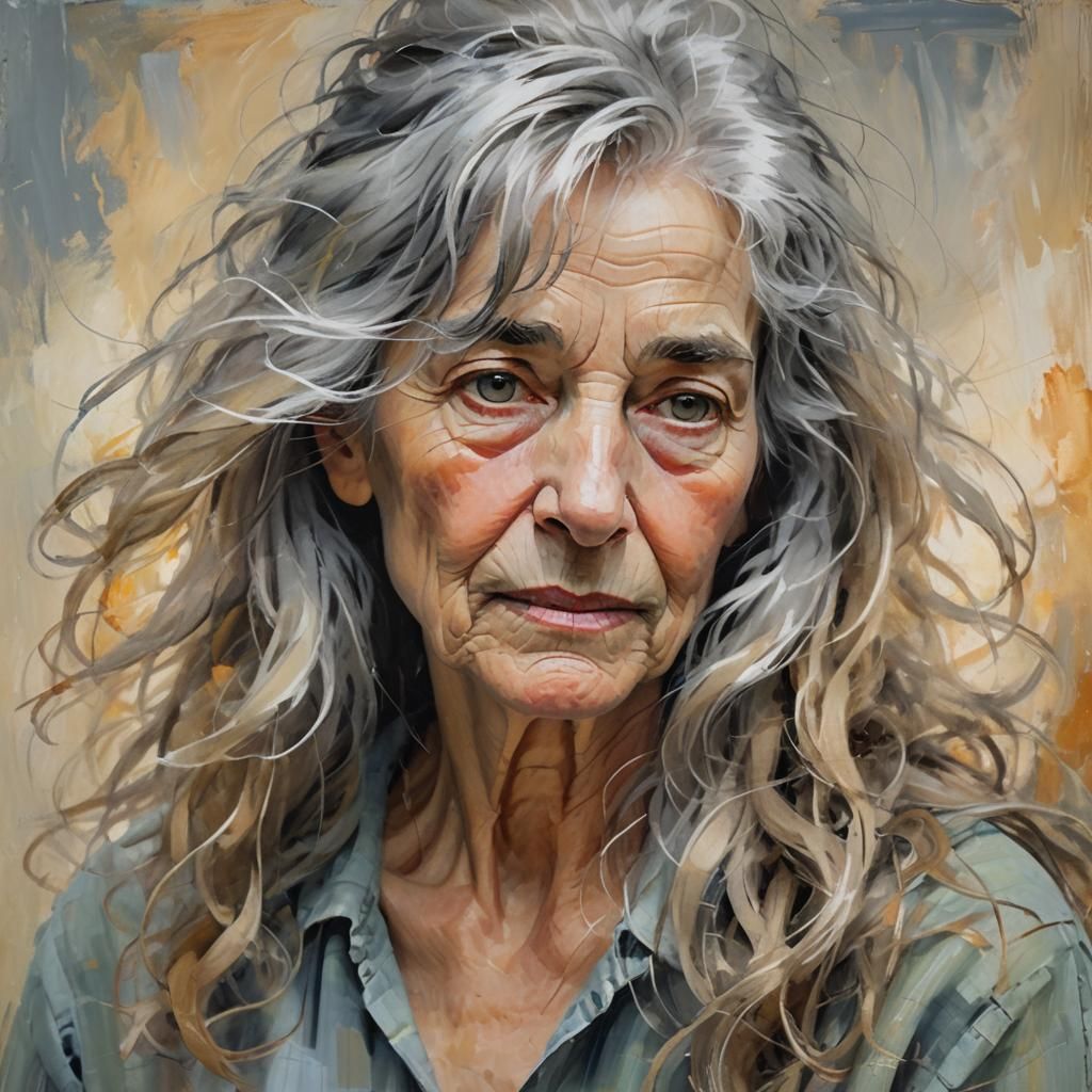 Senior Woman with Frizzy Hair in Impressionist Oil Painting