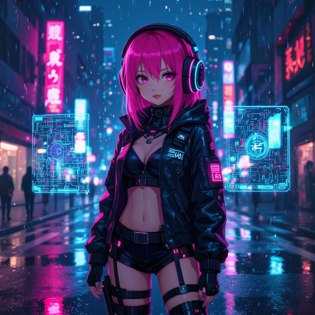 Cyberpunk Anime Girl in Futuristic City at Night