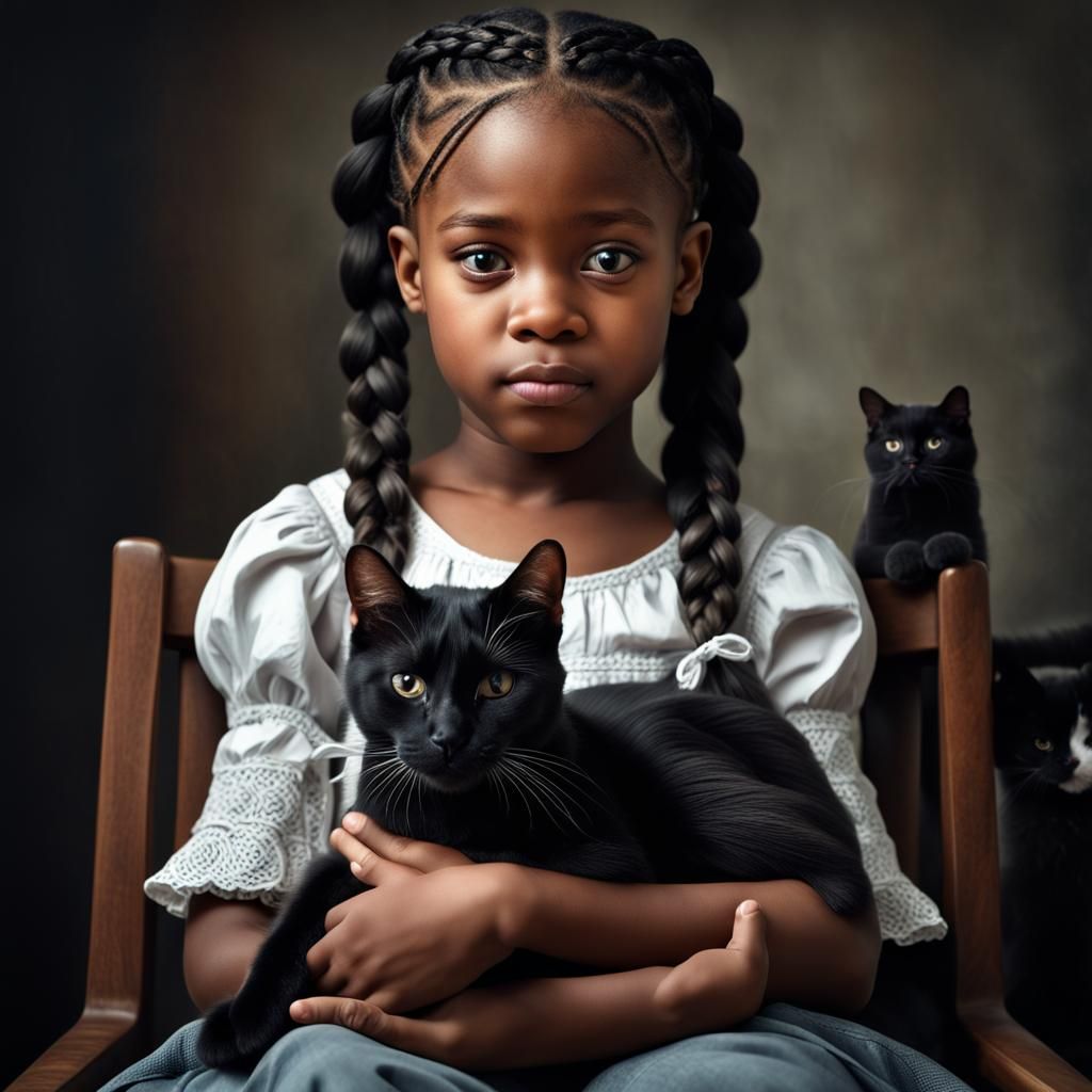 Girl with Braids Holding Black Cat, Hyperrealistic