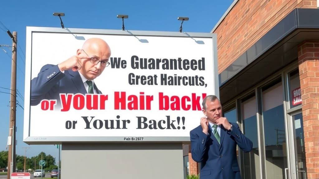 A Bald Man Promises Great Haircuts on a Billboard