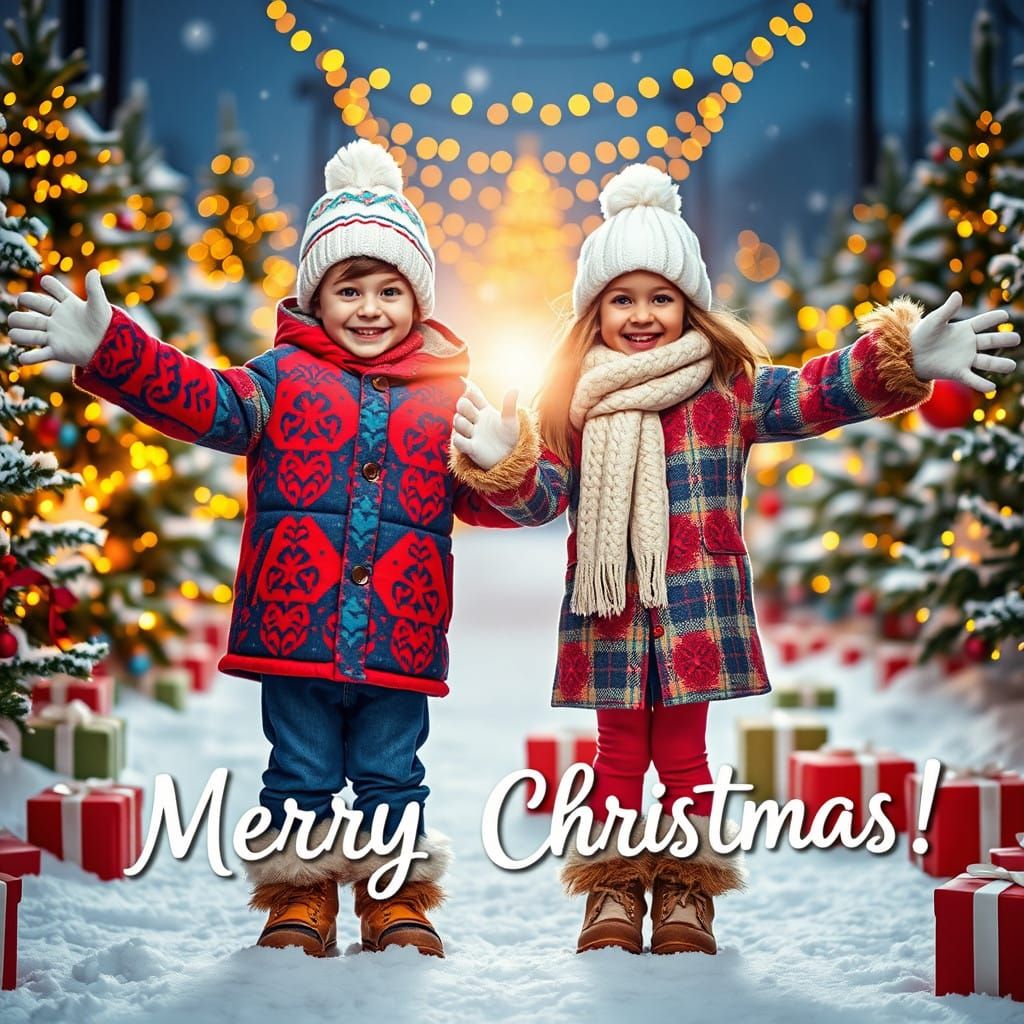 Joyful Winter Wonderland Scene with Colorful Coats and Decor...