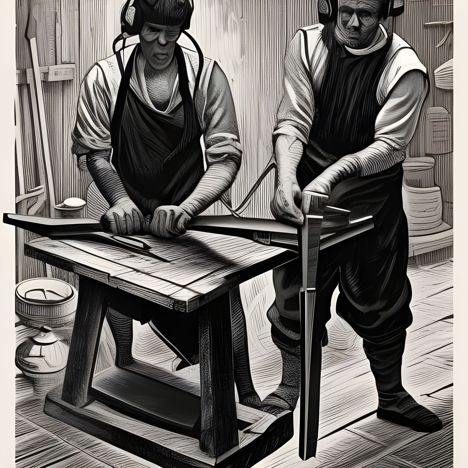 18th Century Laborers Forging Scissors in Linocut Style