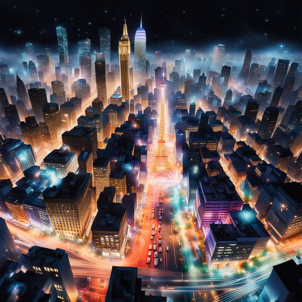 Nighttime Cityscape with Saxophone Player