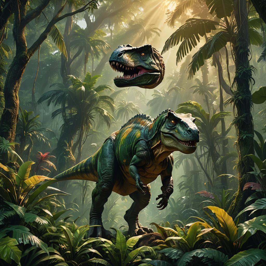 Vibrant Prehistoric Scene in a Tropical Jungle Setting