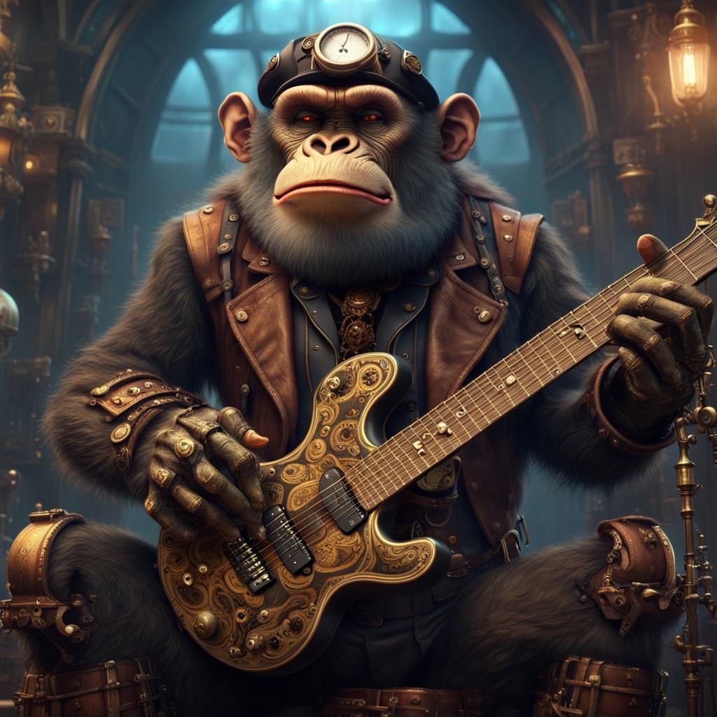 Steampunk Ape Plays Guitar: Detailed Matte Painting
