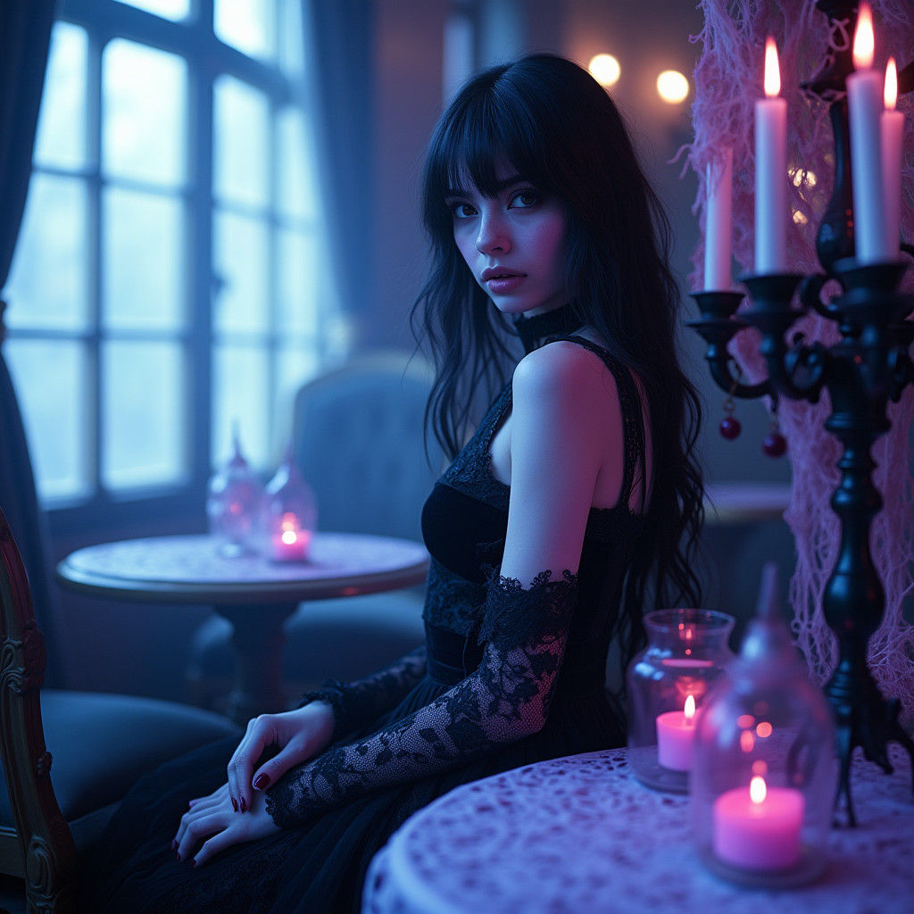 Ethereal Goth Model in Mystical Coffee Shop