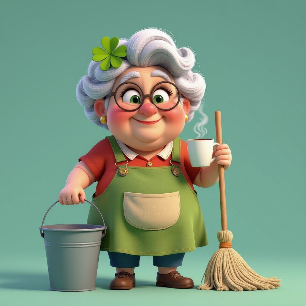 Chubby Grandma Cleaning Lady with Coffee, Pixar Style