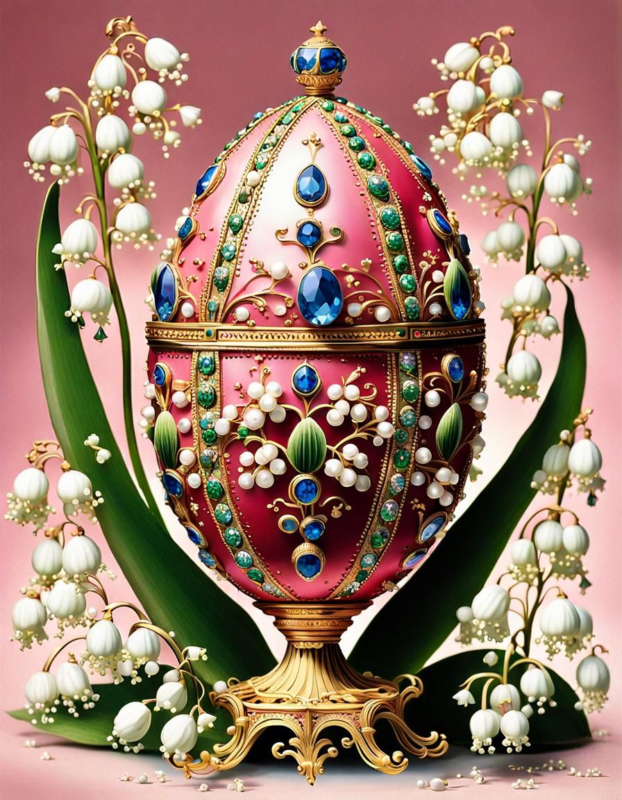 A pink faberge egg decorated with lily of the valley flowers