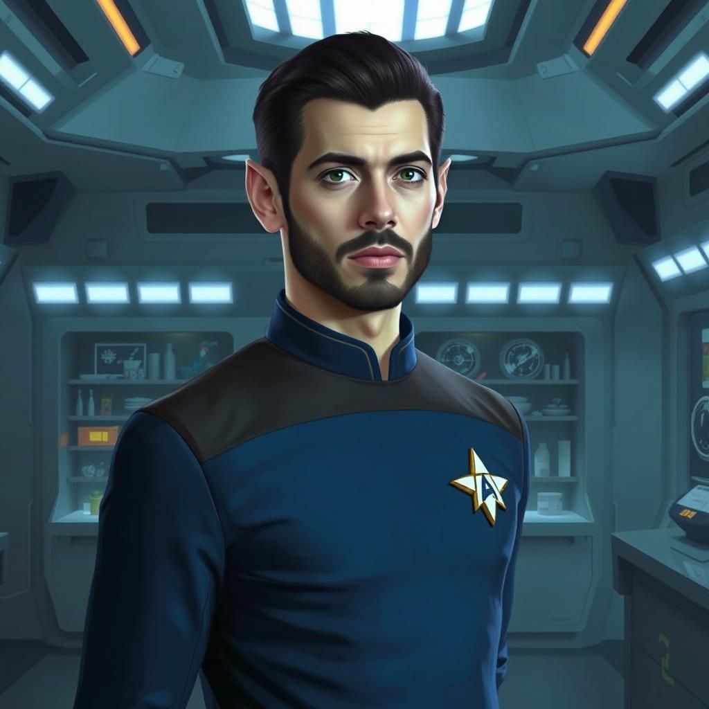 Vulcan in Starfleet Uniform in Futuristic Lab