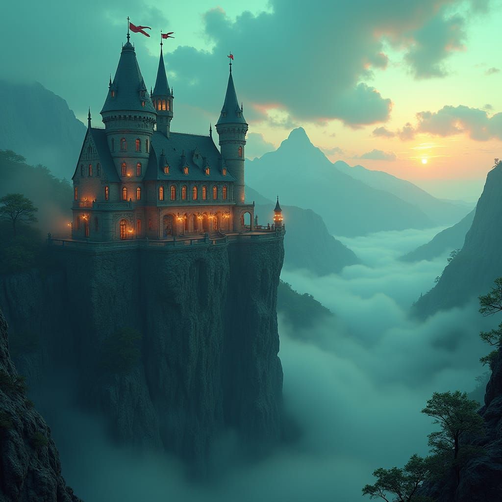 Majestic Castle on Cliff in Atmospheric Matte Painting Style
