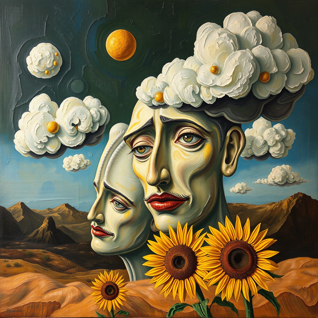 Surreal Faces Under Impasto Clouds: Abstract Expressionist P...