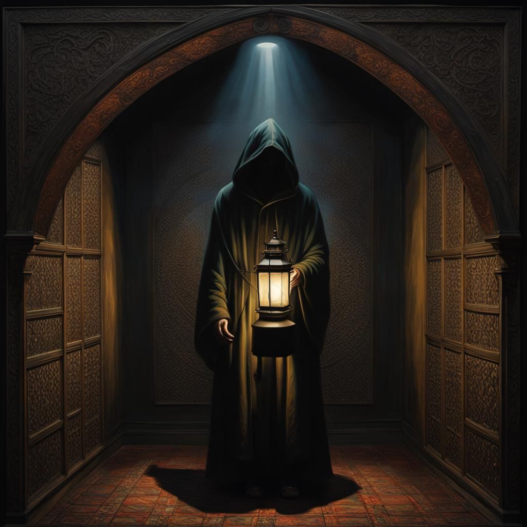 Enigmatic Hooded Figure in Dimly Lit Room