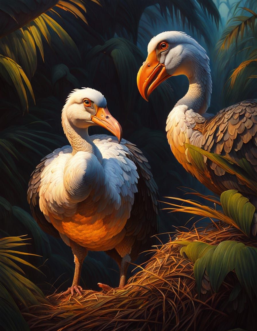Surreal Wildlife Scene of Dodo Birds in a Lush Nest