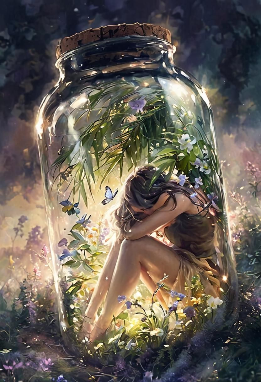 Ethereal Woman in Glass Jar: Dreamy Fantasy Art
