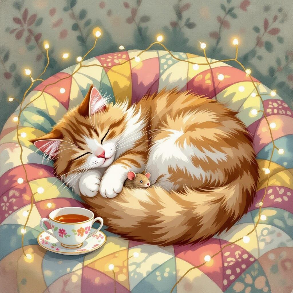 Fluffy Cat and Mouse Sleeping Peacefully