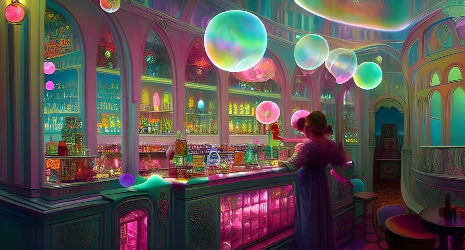 Elaborate Soda Shop at Night, Digital Matte Painting