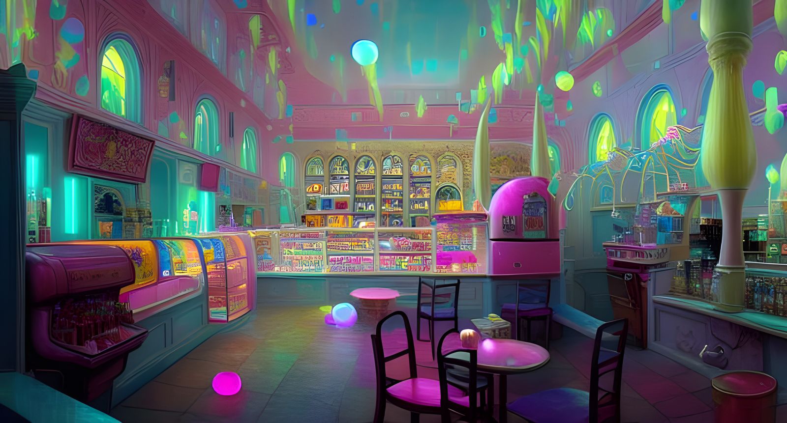 Night Soda Shop with Rainbow Bubbles, Digital Painting