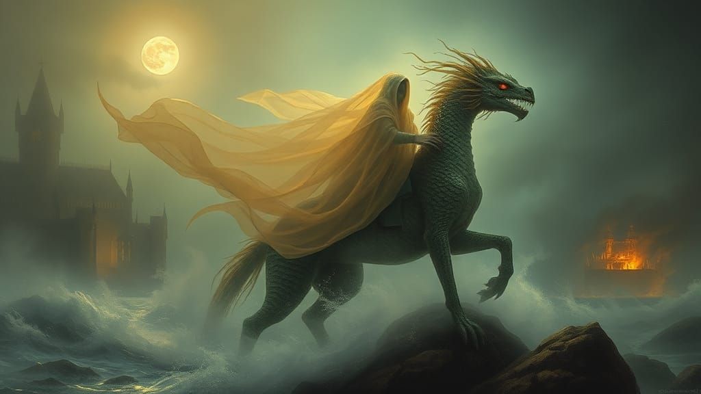 Fomorian Rider on Kelpie Dragon, Surreal Oil Painting