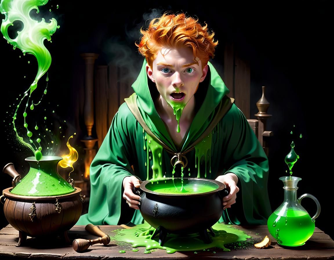 Surprised Wizard Covered in Green Potion