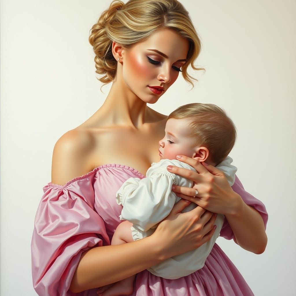 Majestic Mother in Delicate Rose Gown, Tenderly Holding Chil...