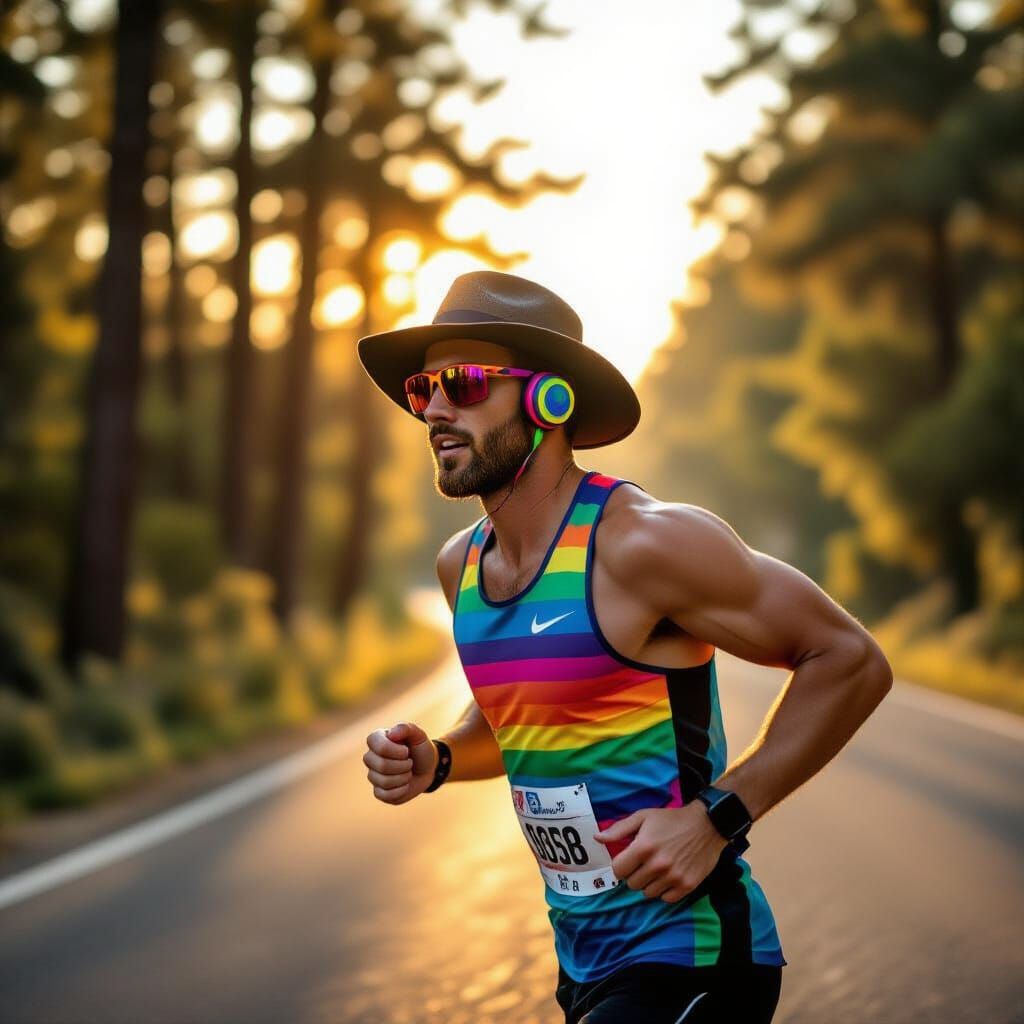 Runner in Rainbow Headphones and Sun Hat - Golden Hour
