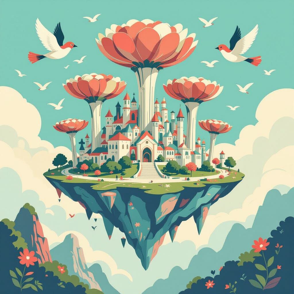 Retro Travel Poster: Floating Island City Powered by Flowers