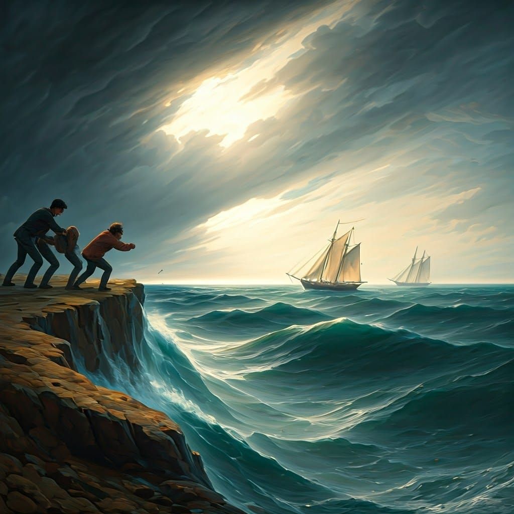 Stormy Cliffside Struggle Inspired by Turner and Caillebotte