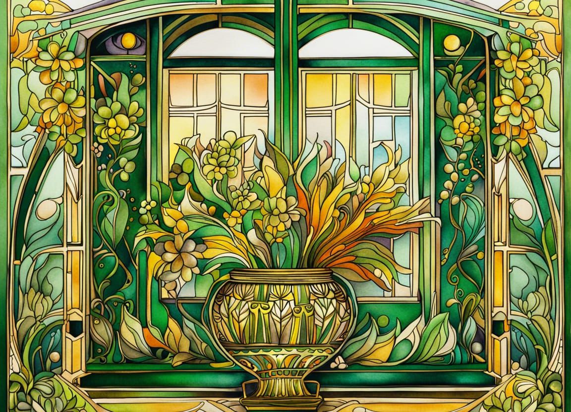Elaborate Gold and Green Abstract Vase with Flowers