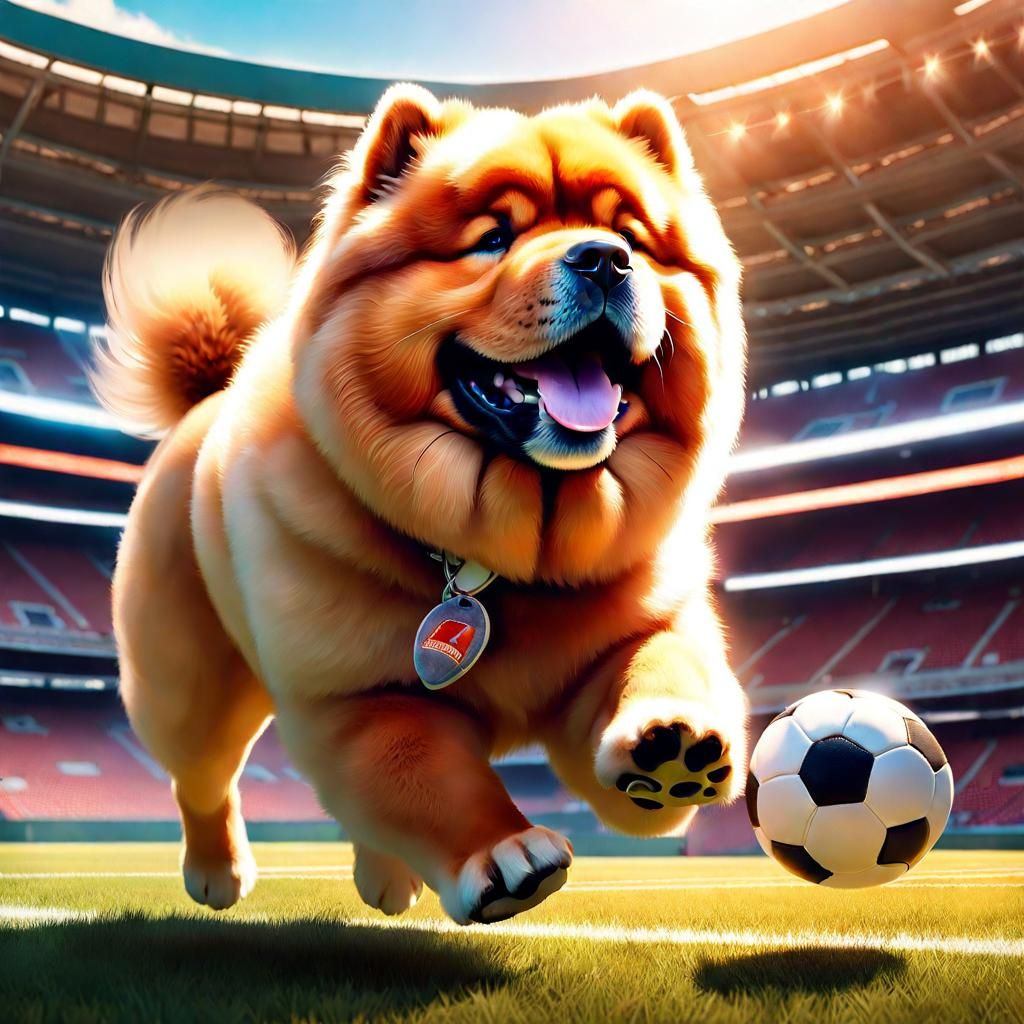 Chow-Chow Dog Playing Football, Detailed Cinematic Render