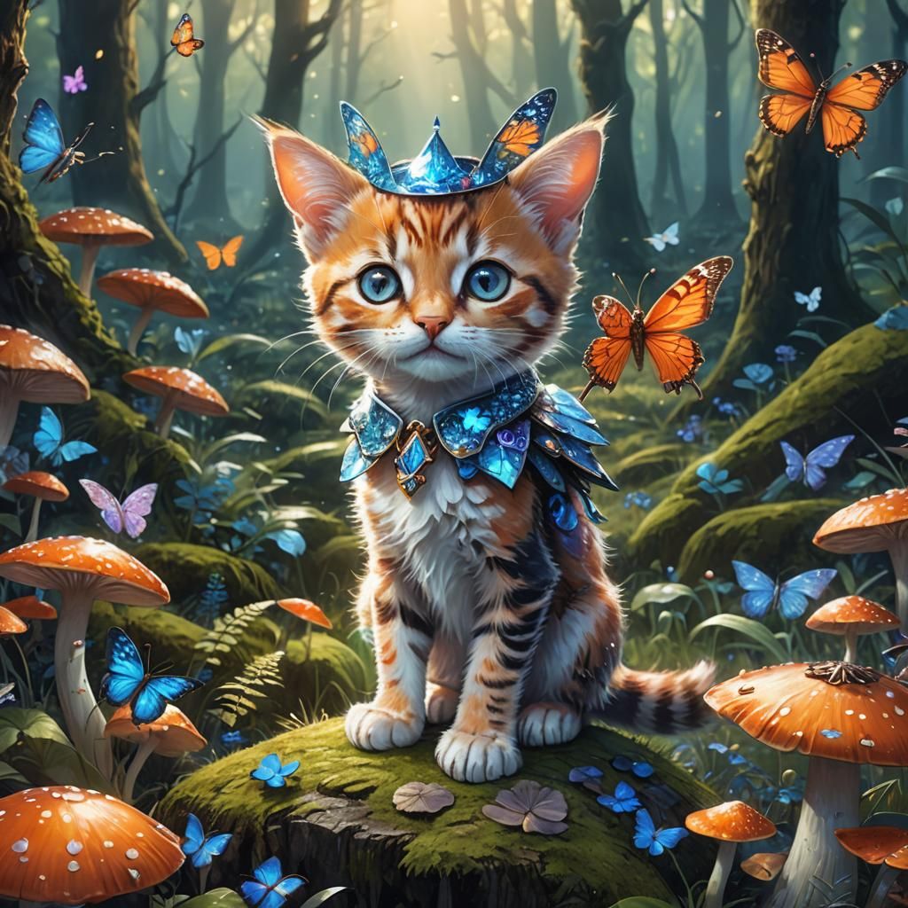 Kitten Warrior in Mystical Forest, Fantasy Art