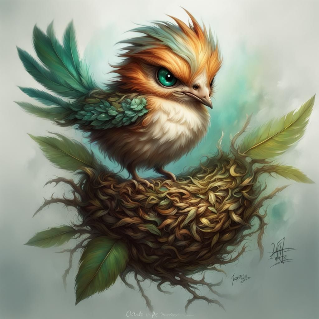 Colorful Bird with Emerald Eyes in Nest