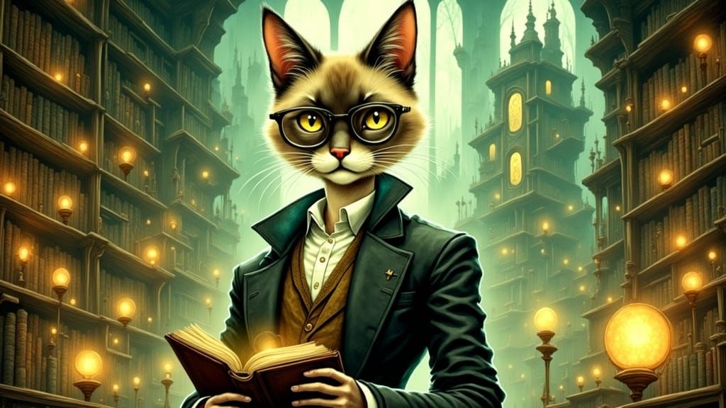 Siamese Cat Gentleman in Library, Watercolour Illustration