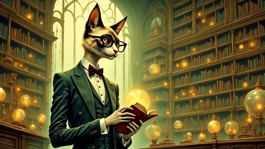 Elegant Siamese Cat in Library, Watercolour Illustration