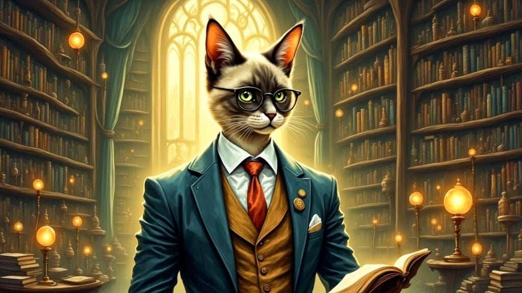 Siamese Cat Gentleman in Watercolour Library Portrait