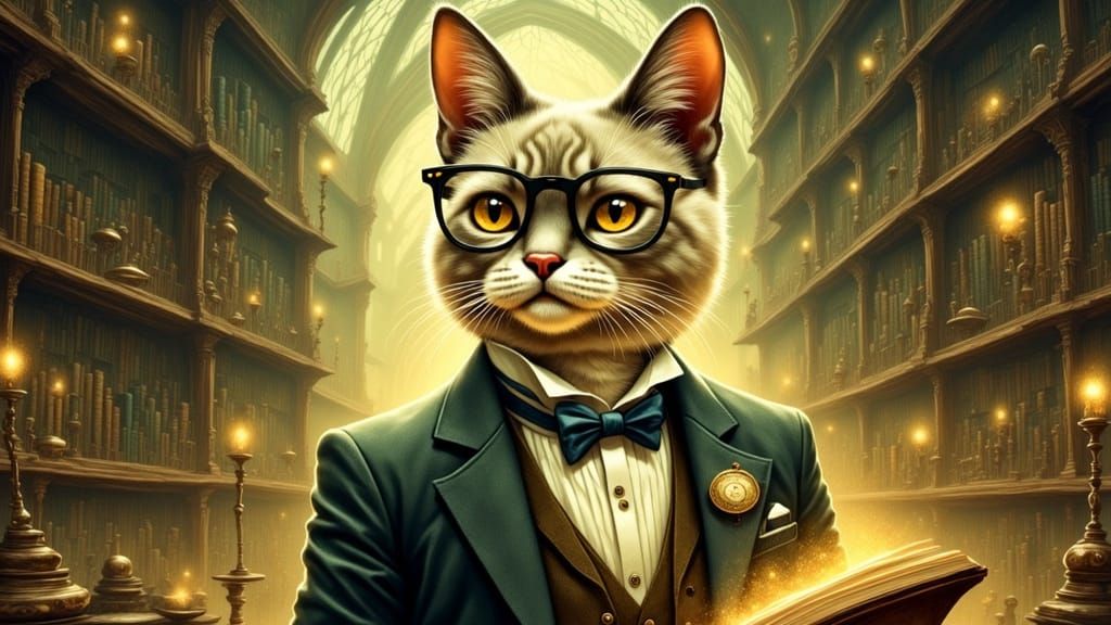 Siamese Cat Gentleman in Library, Watercolour Illustration