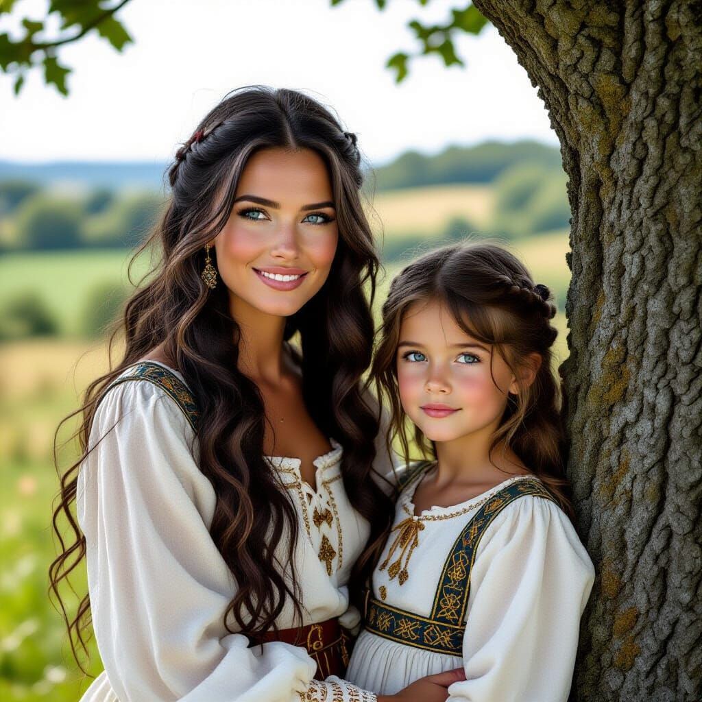 Medieval Woman and Girl in Durer-Inspired Landscape