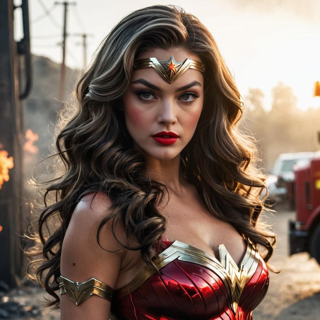 Wonder Woman, muscular, lustrous voluminous black 1970’s bouffant hair, black eyeshadow, red lips, skyview backgroun...