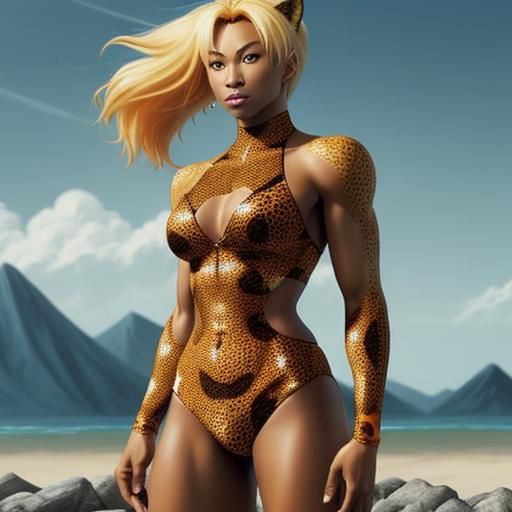 Cheetah Woman in Orange Swimsuit, Anime Art