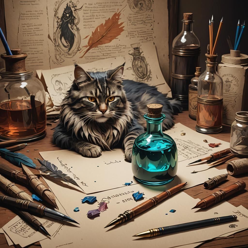 Hyperrealistic Potion Bottle Still Life with Cat