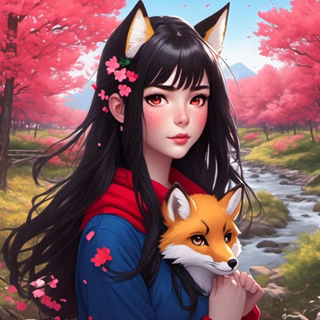 Fox-Eared Girl Portrait with Cherry Blossoms