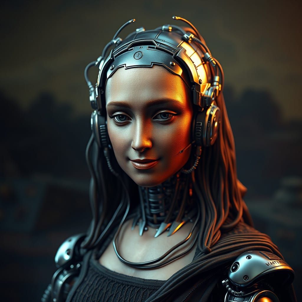 Robotic Mona Lisa in Mirrored Sci-Fi Splendor