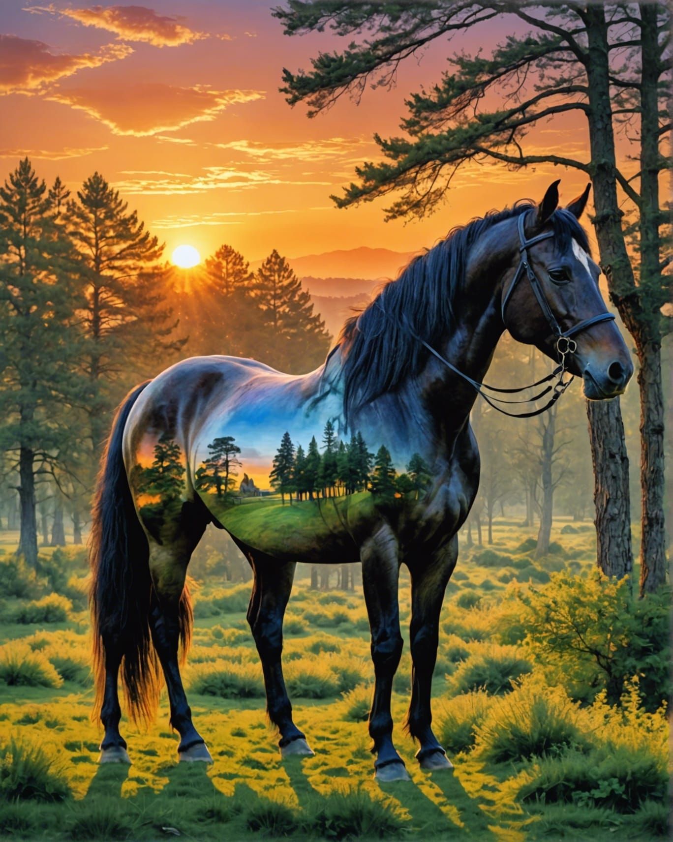 Horse and Summer Sunset in Watercolor Style