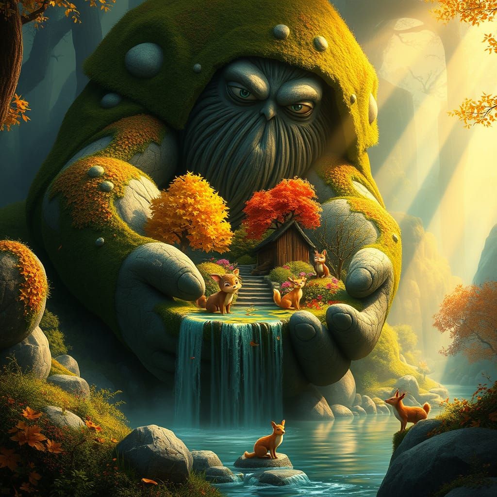 Mossy Autumn Giant Cradles Enchanted Garden in Fantasy Art S...