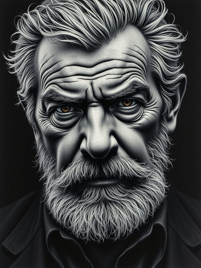 Ernest Hemingway in Scratchboard Art
